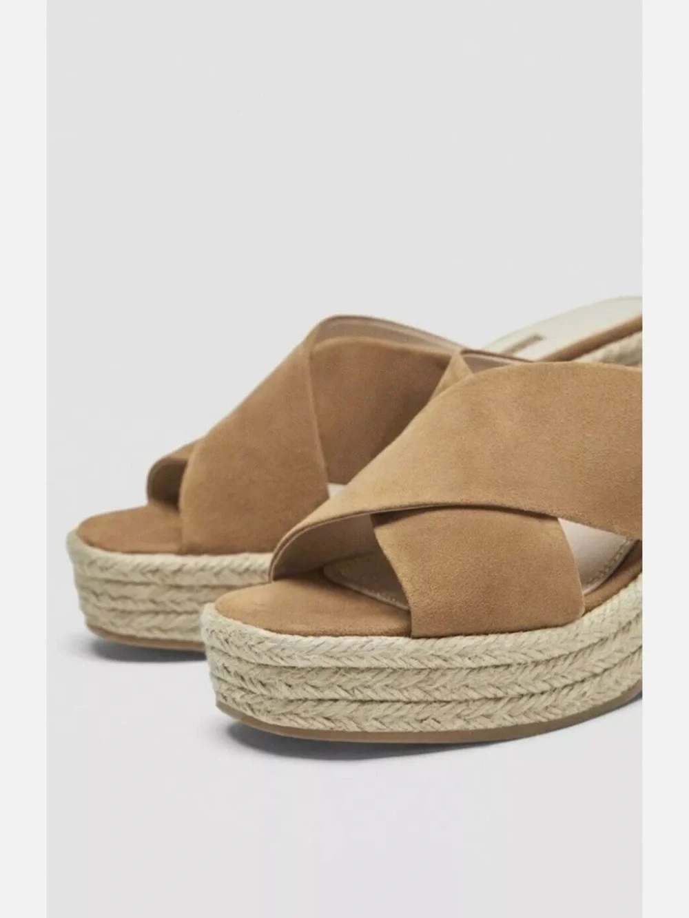 Zara Camel Suede Crossband Espadrille Wedge Slides